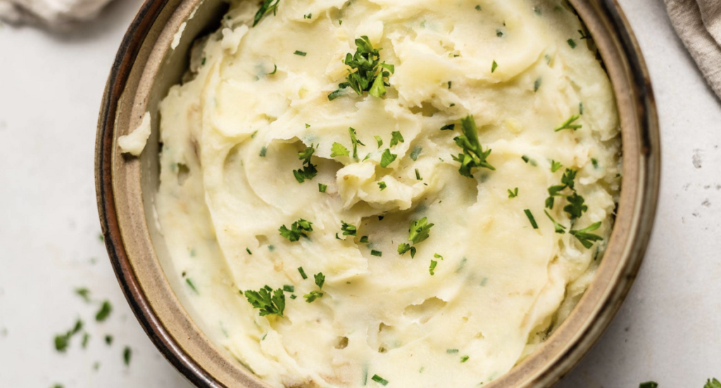 bowl of herb and cbd infused mashed potatoes