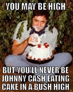 Johnny Cash high eating cake in a bush