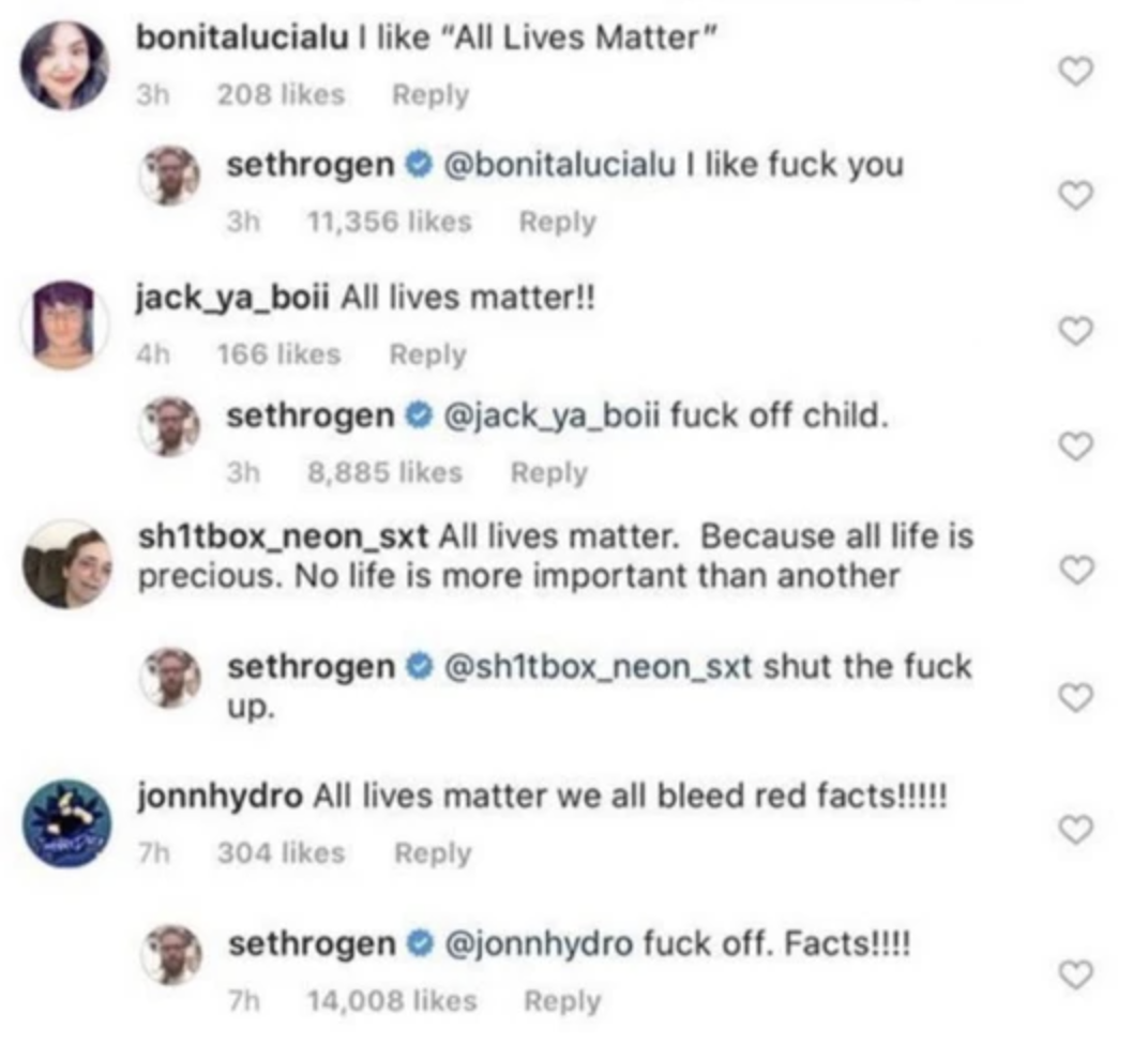 screenshot of Instagram commenters on Seth Rogans black lives matter post